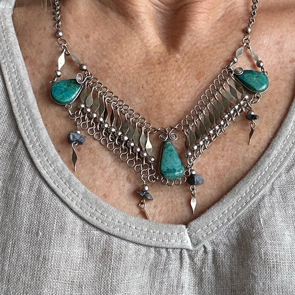 Vintage Art Deco Turquoise Metalwork Blue stone Necklace (possibly Sterling)🤩 - Picture 6 of 14